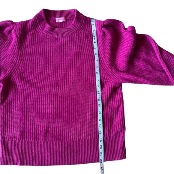 J Crew Cashmere Large Puff Sleeve Mockneck Sweater Ribbed Pink Purple Fuchsia - Picture 6 of 7